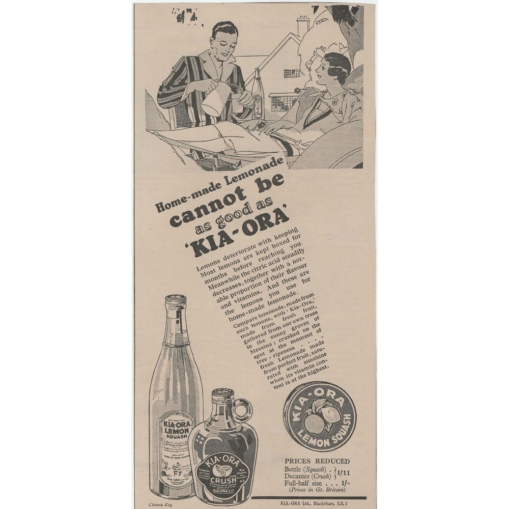 Vintage Kia-Ora Lemon Squash Print Ad Black and White Beverage Ephemera Art